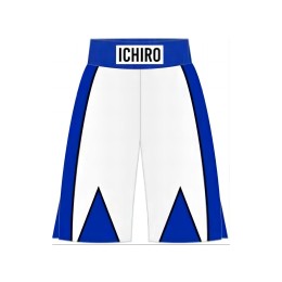 Designed in white + colorful blue boxing pants, custom-made side bones with black edges on the front and back + blue triangles on the front and left and right feet with black edges, waist rope color matching round rope, embroidered logo ICHIRO Martial022 Designed in white + colorful blue boxing pants, custom-made side bones with black edges on the front and back + blue triangles on the front and left and right feet with black edges, waist rope color matching round rope, embroidered logo ICHIRO Martial022